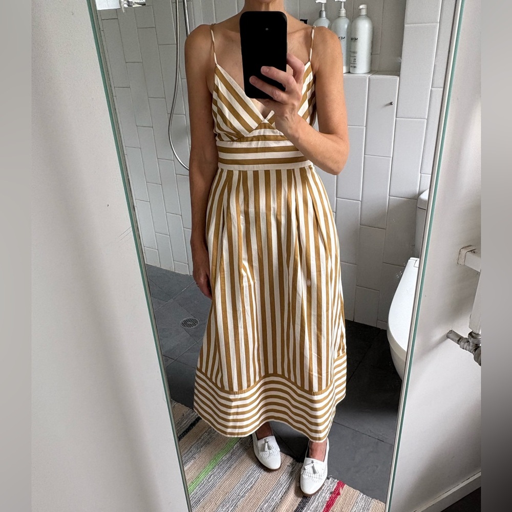 Rebecca Vallance Cotton/Silk Tan/Ivory Stripe Midi Dress w/ Crossback Straps